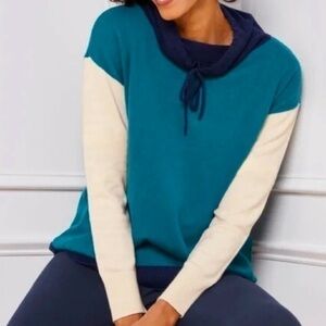 T by Talbots Color Block Cowl Neck Sweatshirt Top Aqua Blue White Navy Medium H